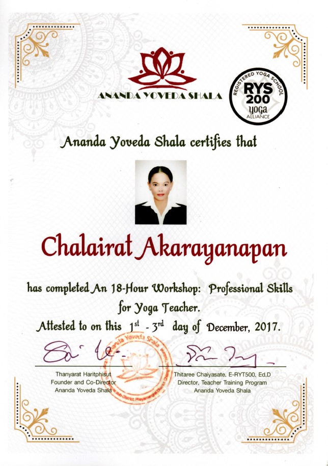 Ananda Yoveda Shala professional skills workshop certificate
